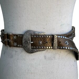 Lily Farouche Bronze Leather Studded Western Belt Star Winged Buckle 26-32 Waist